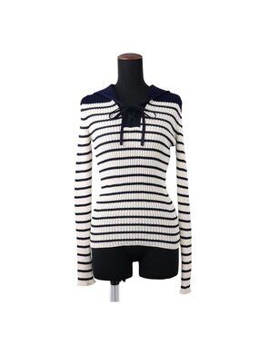Dior Knit Border Sailor Cotton Long Sleeve White Sweater 36